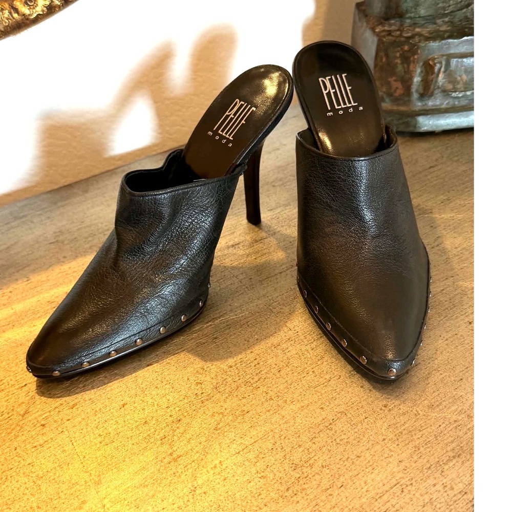 Pelle Moda Black Leather Studded Pointed Toe Mules Stiletto Heels 7M